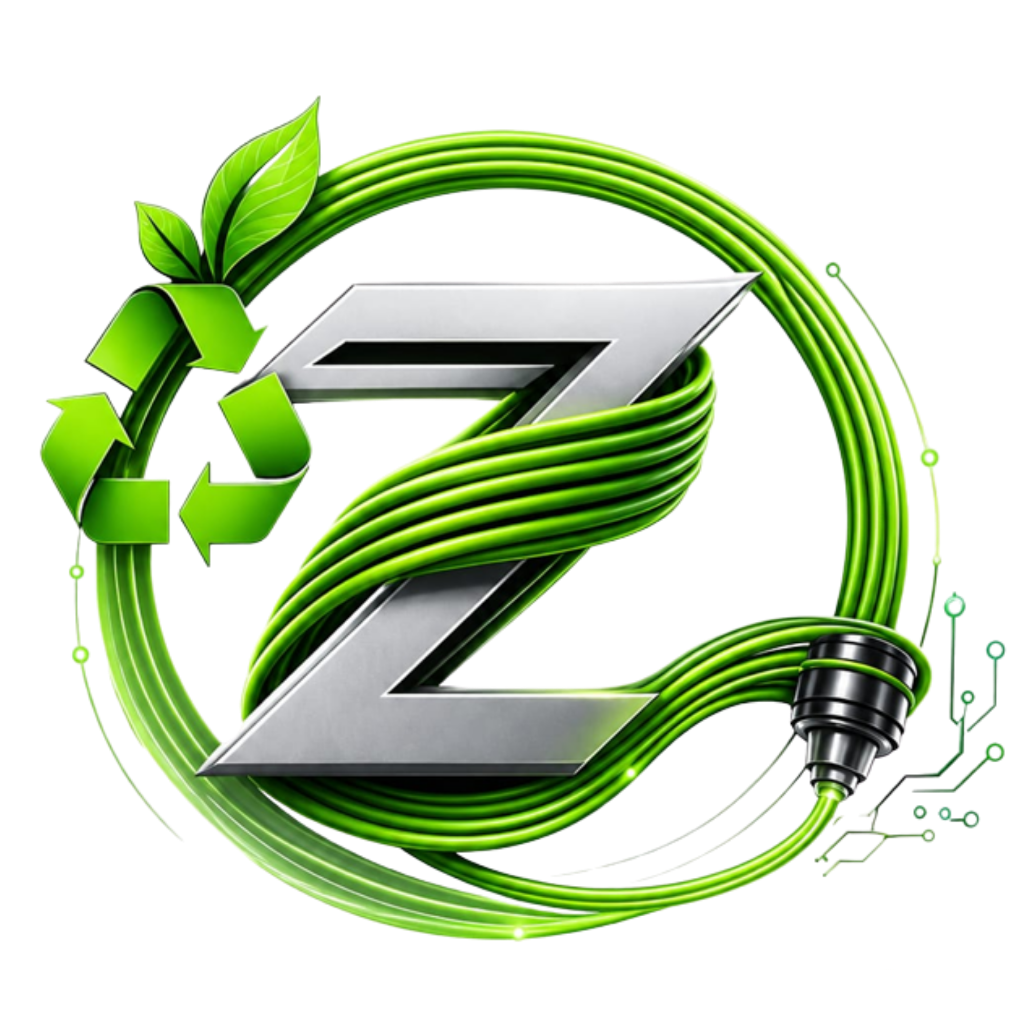 Emblema de ZYREX: una Z plateada rodeada de filamento verde y símbolos de reciclaje